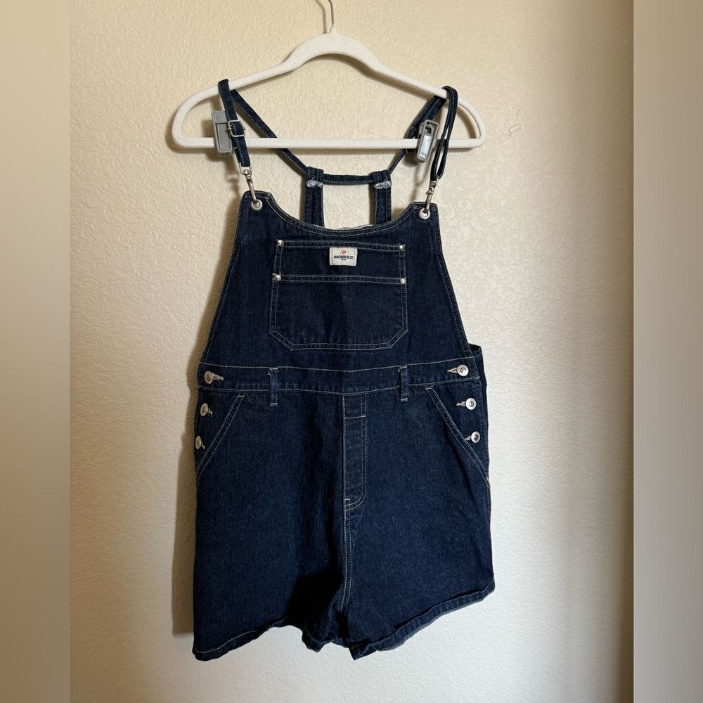 Vintage 90s Anchor Blue Denim Short Overall Sz‎ Large Dark Wash Shortall